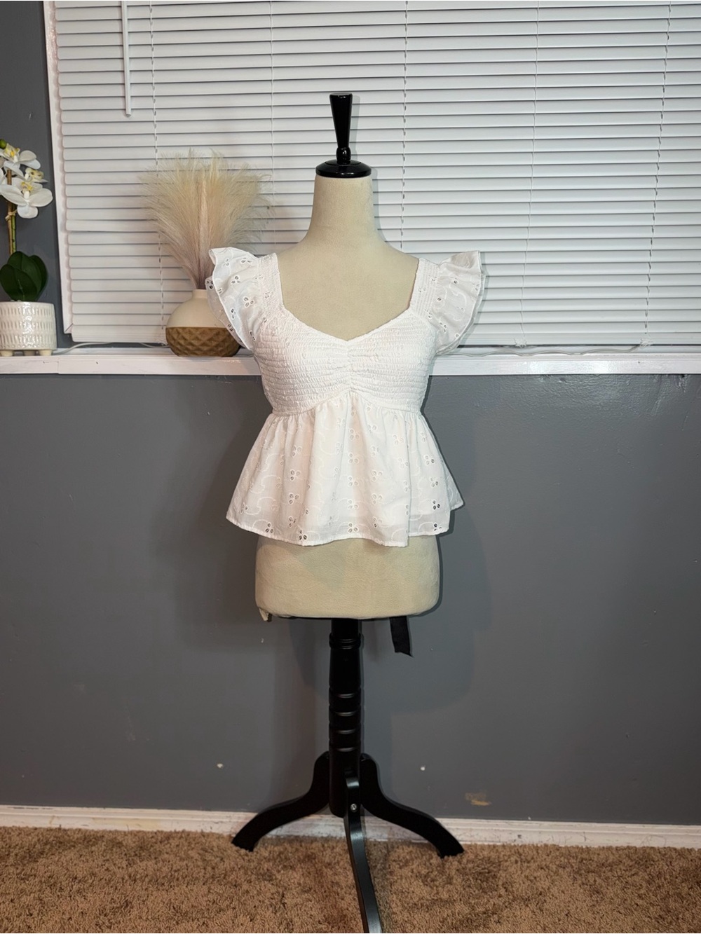 White Eyelet Smocked Peplum Blouse with Flutter Sleeves - Picture 2 of 8
